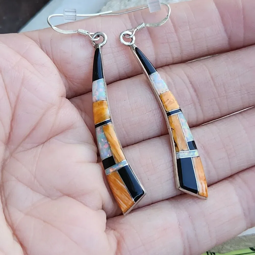 Shirley Martinez signed Navajo inlay earrings Jet Spiny Oyster Created Opal